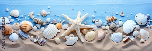 Sandy beach with seashells and starfish, natural background for summer travel design, top view