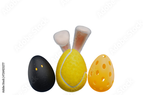 Sports racquet balls in the shape of an egg with Easter bunny ears. 3d rendering photo