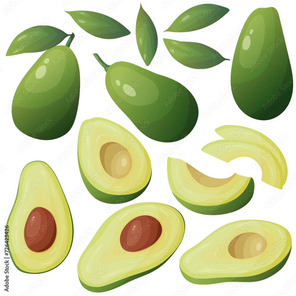 Set of different looking avocados. Bright green fruits or vegetables, slices, with grain. Food for healthy eating. Vector flat illustration Set of different looking avocados. Bright green fruits or vegetables, slices, with grain. Food for healthy eating. Vector flat illustration