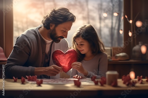 a heartwarming scene of a parent teaching a child to create handmade Valentine's Day cards, emphasizing the joy of sharing love