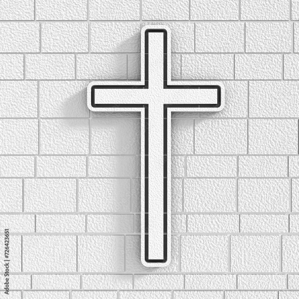 Christian cross on brick wall. Religion concept illustration. 3D render