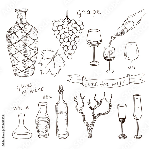 Wine and grape elements. Vector drawing images set.