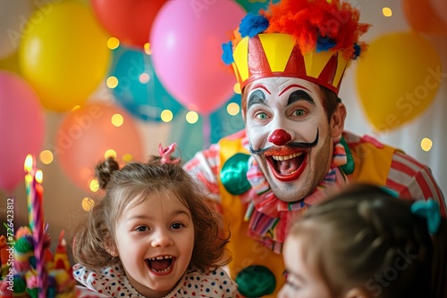 Funny clown at a children s birthday party.