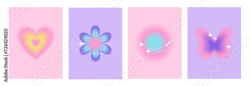 Blurry gradient shapes with white sparkles, abstract posters for social media. Trendy y2k aura backgrounds with flower, butterfly, heart shapes.  Vector   