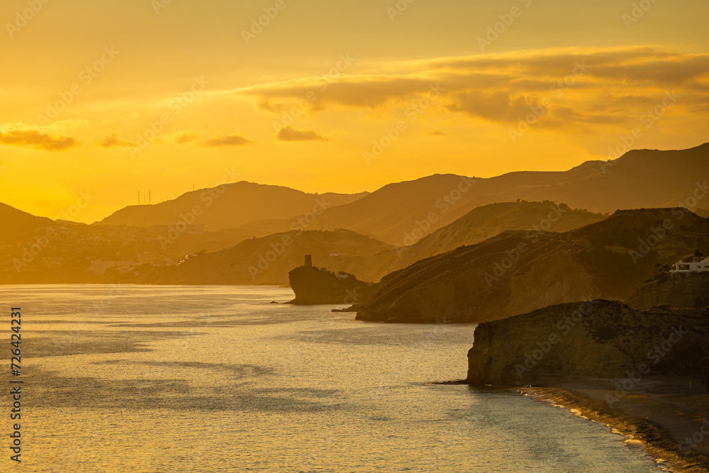 Stunning Sunrise from Villajoyosa, Costa Blanca, Alicante, Spain - obrazy, fototapety, plakaty 