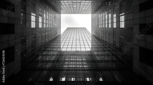 Black and white photo, low angle, tall building
