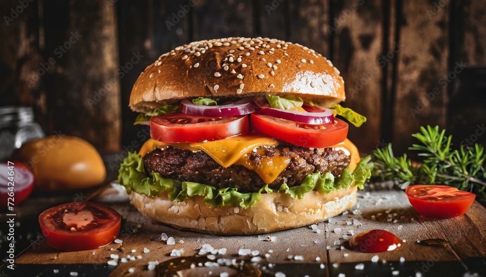 O melhor hambúrguer do mundo é uma obra-prima culinária que combina ingredientes de alta qualidade, preparação artesanal e uma explosão de sabores inigualável.  - obrazy, fototapety, plakaty 