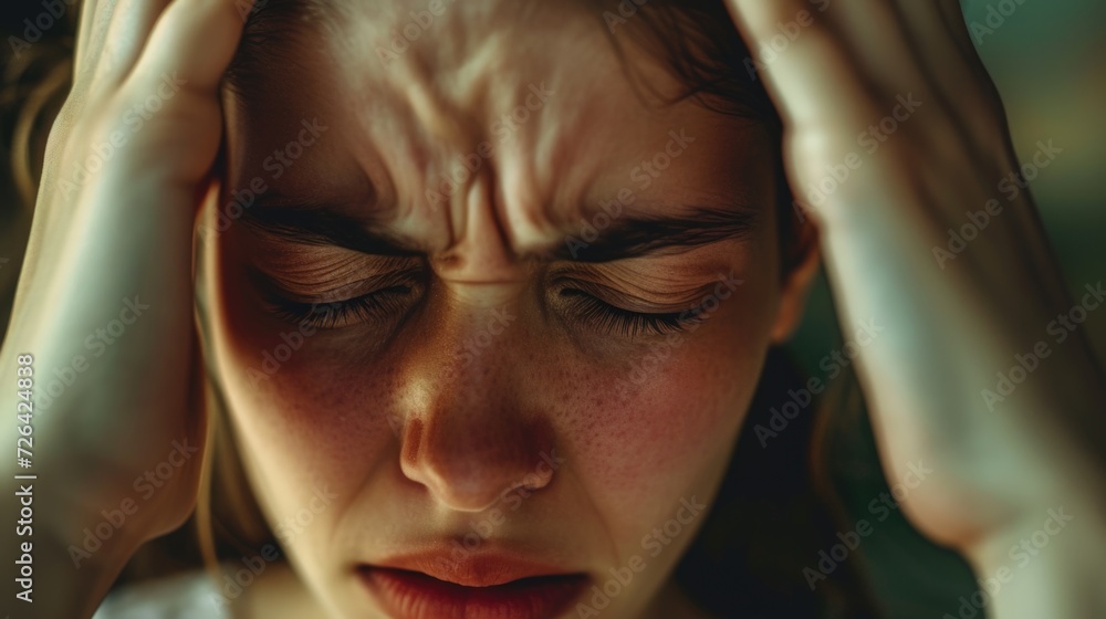 A close-up of a woman with her hands on her head. This image can be used to depict stress, frustration, or overwhelm A close-up of a woman with her hands on her head. This image can be used to depict stress, frustration, or overwhelm
