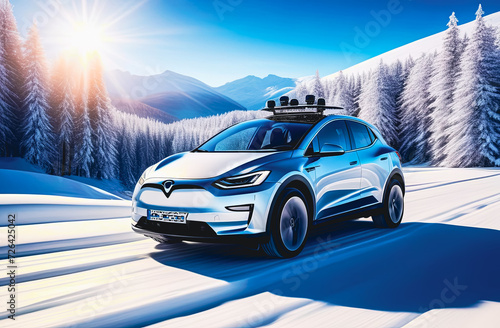 Electric car on a snowy road against the backdrop of mountains and forest