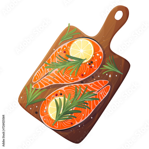 Salmon, salmon or redfish steaks, fillet with lemon slices and spicy rosemary greens and spices on a board. Fresh organic seafood stock for restaurant, sushi bar menu, poster, banner