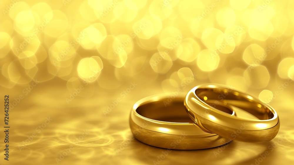 Close up shot of two gold wedding rings on soft yellow bokeh background with copy space Close up shot of two gold wedding rings on soft yellow bokeh background with copy space