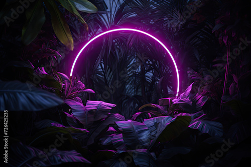 Neon circle in dark tropical forest with palm trees. 3d rendering