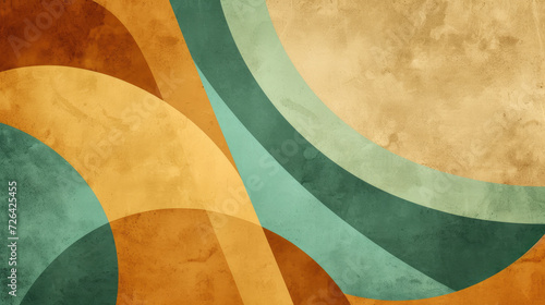 Abstract background in trendy Bauhaus style, combining canary brown, mint green and gold bars with a harmonious mix of curves and straight lines © boxstock production
