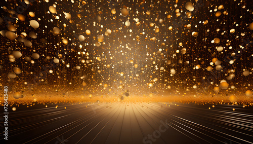 golden sparkles falling from the ceiling,golden light ,wooden floor , stage,orange , dark gold, bronze