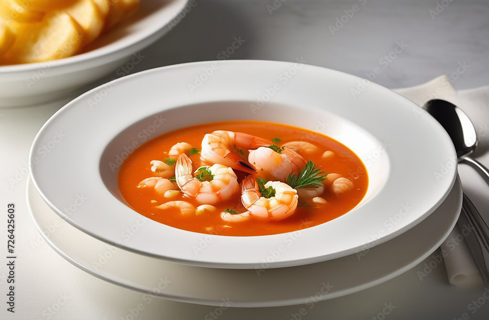 Shrimp soup in a white bowl.
