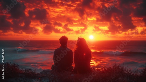 the silhouette of a couple  watching   the sunset 