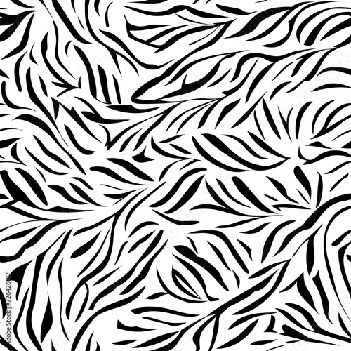 Seamless zebra fur pattern, monochrome black and white. Stylish wild zebra print. Animal skin print background for fabric, textile, design, advertising banner. (ID: 726426017)