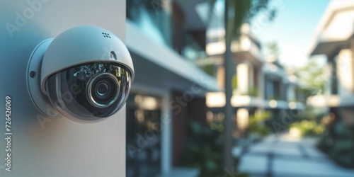 A security camera mounted on the side of a building. Suitable for surveillance and security-related themes