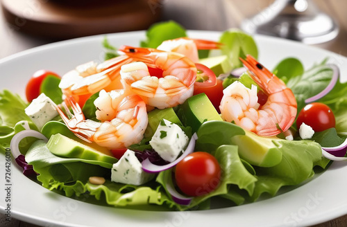 Shrimp salad on a white plate.