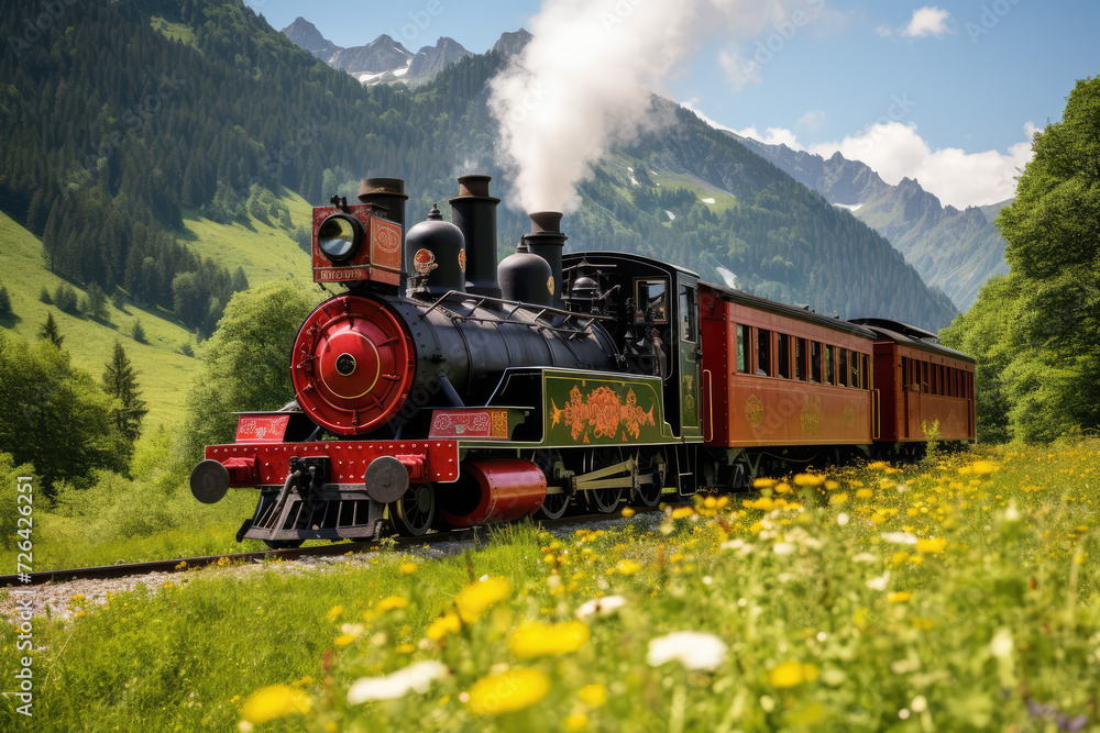 Obraz premium Vintage steam locomotive in the Alps with flowers and mountains in the background