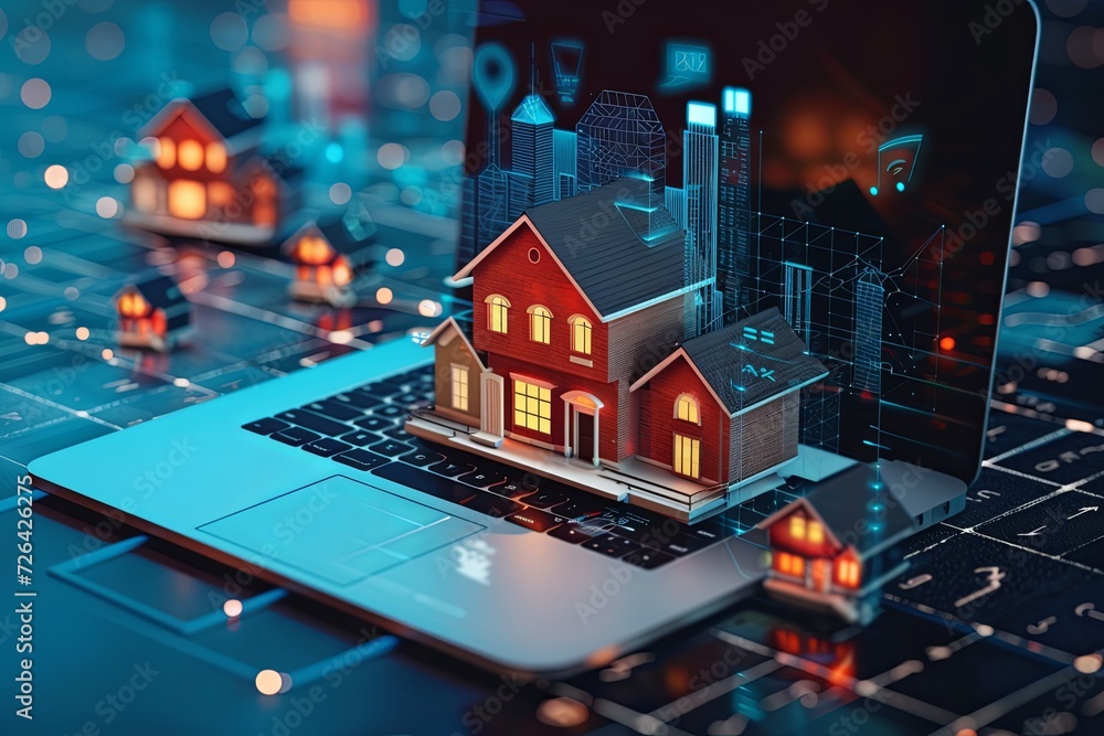 Hologram of a small house inside a laptop. Modern technology and real estate concept. Hologram of a small house inside a laptop. Modern technology and real estate concept.