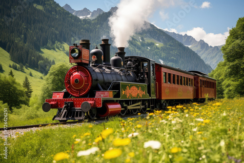 Vintage steam locomotive in the Alps with flowers and mountains in the background