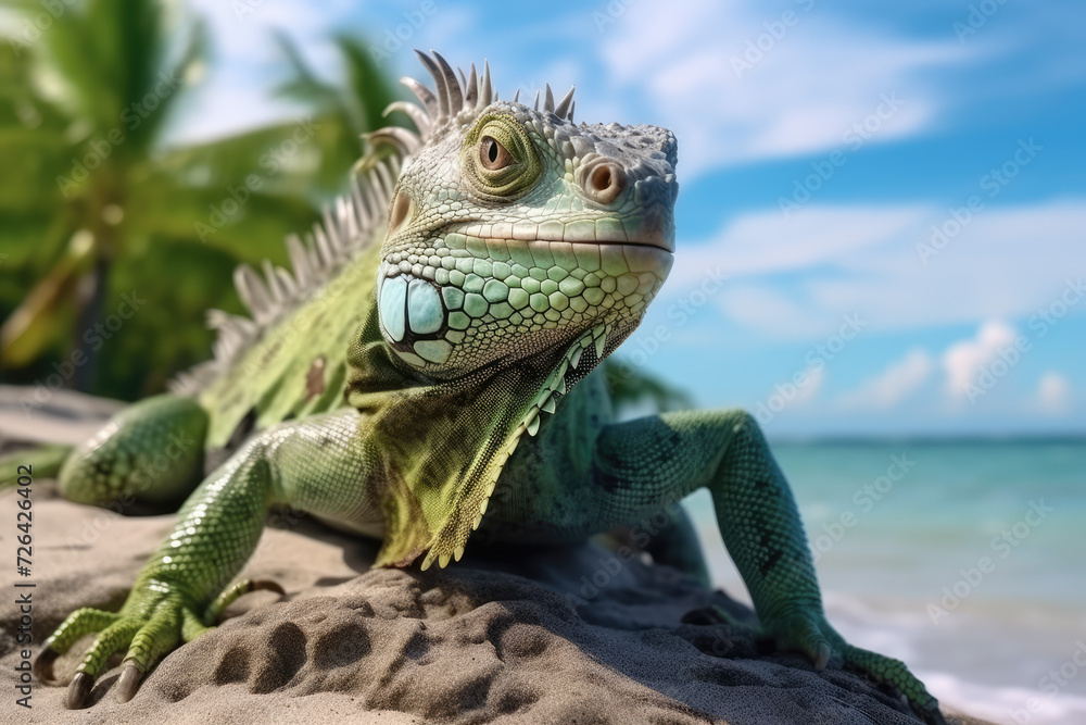 Obraz premium nature reportage, green iguana on a tropical beach with jungle