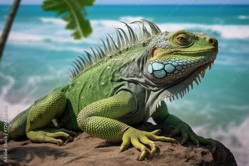 Fototapeta premium nature reportage, green iguana on a tropical beach with jungle