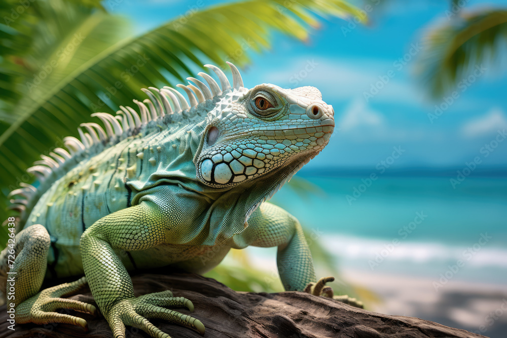 Obraz premium nature reportage, green iguana on a tropical beach with jungle