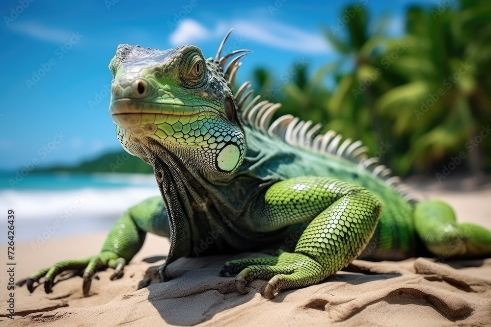 nature reportage, green iguana on a tropical beach with jungle