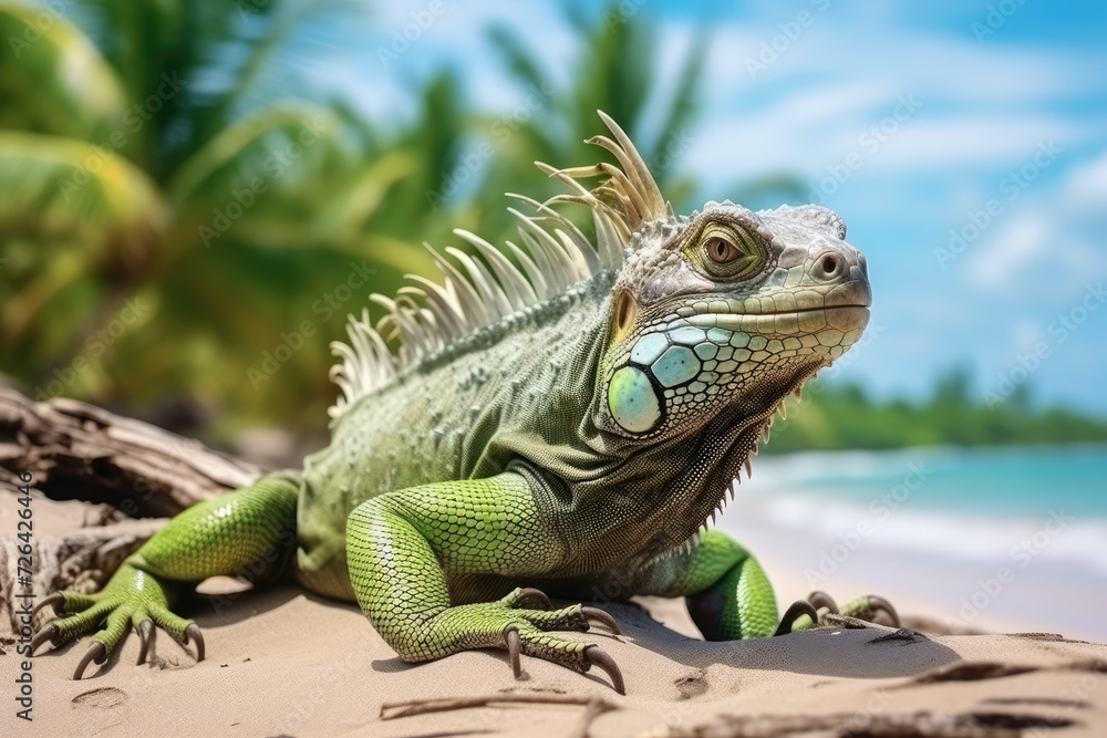 Obraz premium nature reportage, green iguana on a tropical beach with jungle