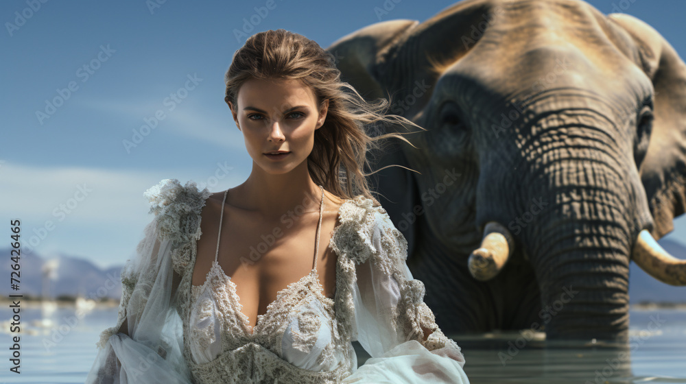 Exotic portrait of graceful woman with elephant in water, model girl in dress posing with animal