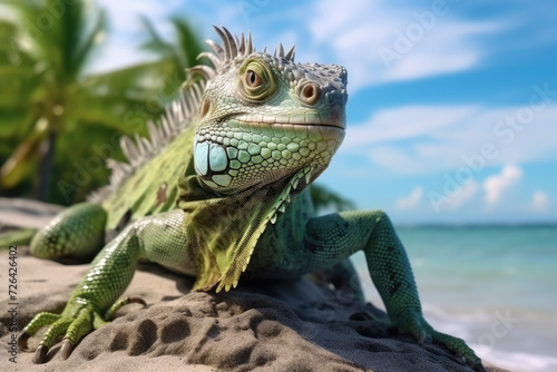 nature reportage, green iguana on a tropical beach with jungle © Kitta