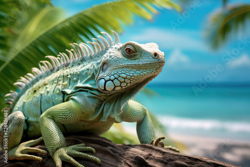 nature reportage, green iguana on a tropical beach with jungle © Kitta