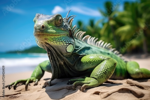 nature reportage  green iguana on a tropical beach with jungle