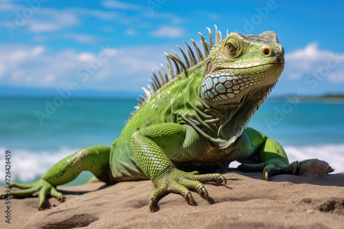 nature reportage, green iguana on a tropical beach with jungle