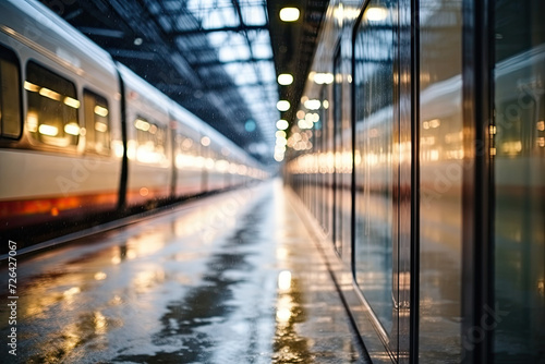 Motion blur of train moving in the airport. Business and transportation concept