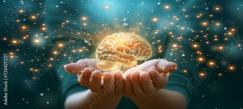 Holographic human brain suspended, meticulously examined and gently cradled by hands