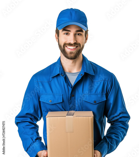 A cheerful man dressed in a crisp blue uniform beams with pride as he presents a carefully wrapped box, his hat adding a touch of elegance to his overall look