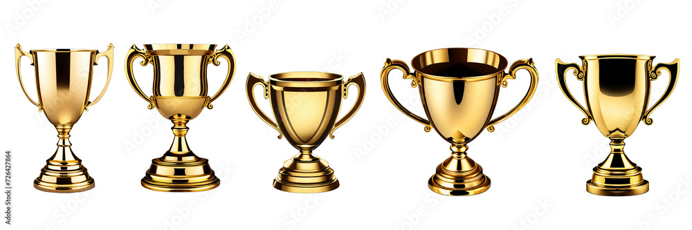 Collection of gold trophy cups isolated on a transparent background, including awards, winner cups, and medal artwork in graphic design AI Generative Collection of gold trophy cups isolated on a transparent background, including awards, winner cups, and medal artwork in graphic design AI Generative