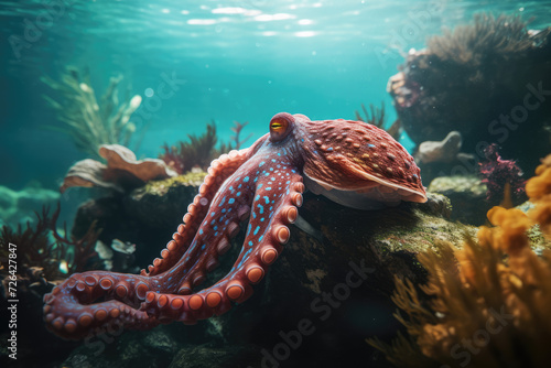  vibrant colored octopus in a tropical Cove grabbing a fish with its tentacles