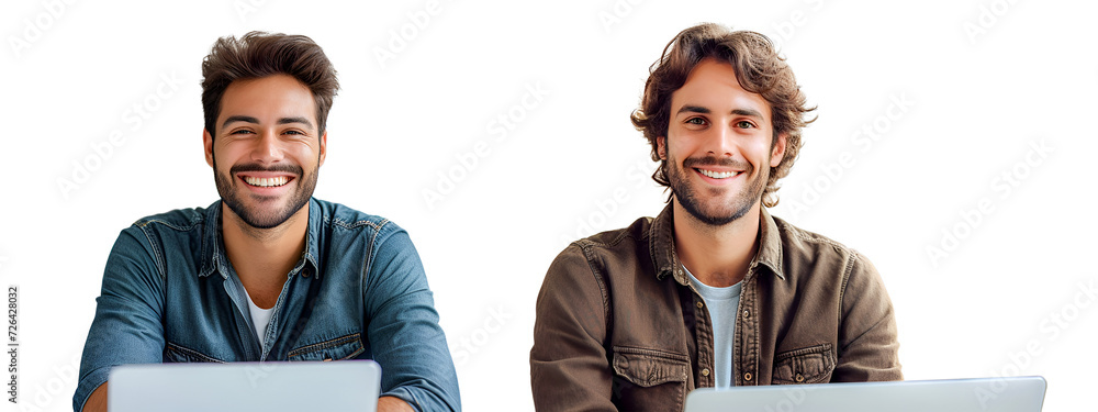 Fototapeta premium Two young man working together on white