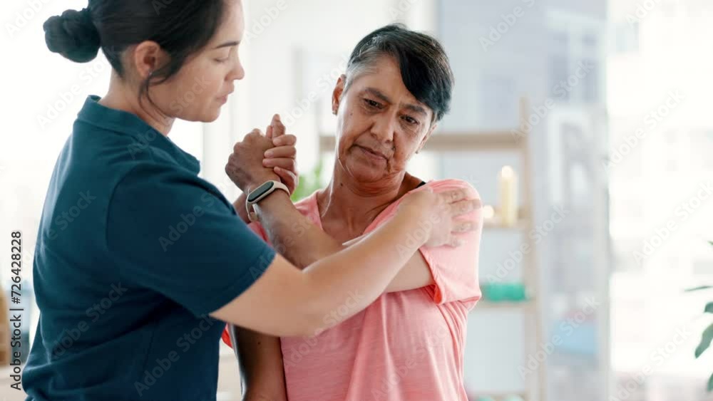 Physiotherapy, stretching arm and mature woman exercise for health, wellness or healing pain. Physical therapy, patient or medical professional help for rehabilitation, support or recovery for injury Physiotherapy, stretching arm and mature woman exercise for health, wellness or healing pain. Physical therapy, patient or medical professional help for rehabilitation, support or recovery for injury