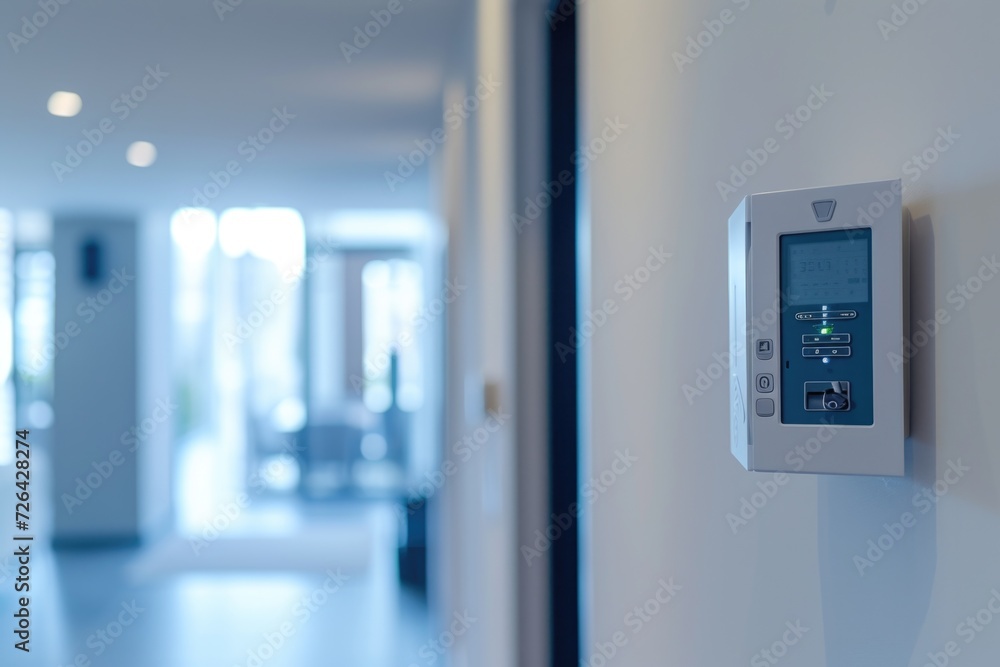 A control panel mounted on a wall in a hallway. Suitable for technology, security, or industrial concepts A control panel mounted on a wall in a hallway. Suitable for technology, security, or industrial concepts
