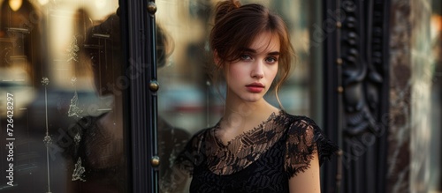 European model posing stylishly in black dress by a shop window; reflecting elegance and fashion trends.