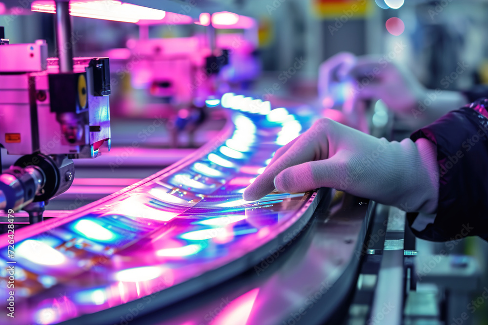 Curved close-up flexible electronic display, A factory producing flexible electronic displays. Curved close-up flexible electronic display, A factory producing flexible electronic displays.