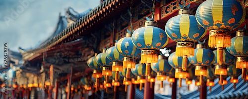 Colorful Asian lanterns adorn the ceiling