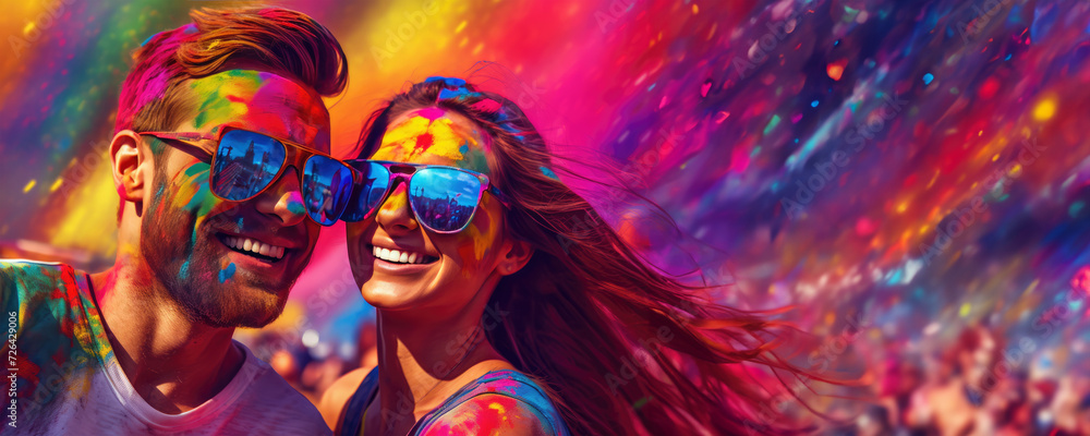 A Happy Couple Celebrating Holi Festival with Colored Powder and Sunglasses, Fictional Character Created by Generated AI.