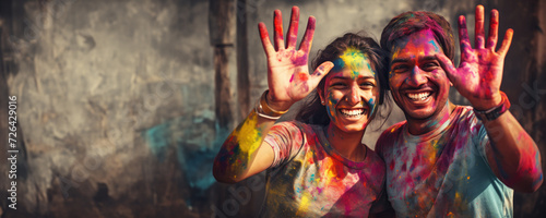 A joyful moment of two people playing with colorful paint - Throwing handprints up in the air, Fictional Character Created by Generated AI.