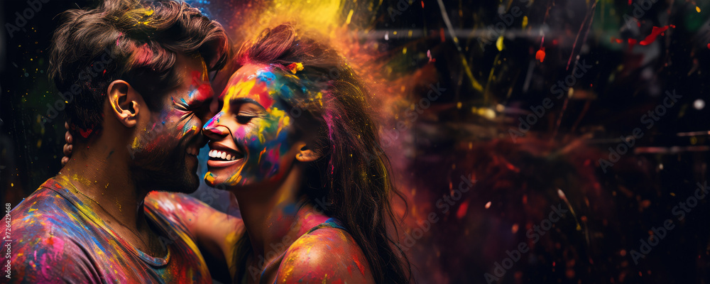 A joyful moment of a couple covered in paint splatters, Fictional Character Created by Generated AI.